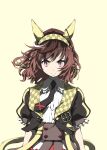  1girl animal_ears black_jacket black_necktie braid breasts brown_hair buena_vista_(heroina_inocente)_(umamusume) buena_vista_(umamusume) checkered_collar checkered_hairband closed_mouth collared_shirt cropped_jacket ear_covers hair_between_eyes hair_ornament hairband headband highres horse_ears horse_girl jacket looking_at_viewer necktie open_clothes open_jacket puffy_short_sleeves puffy_sleeves purple_eyes shirt short_sleeves simple_background skirt solo umamusume white_shirt zukki_(bijitaru) 