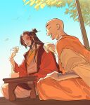  2boys aang absurdres arm_tattoo avatar:_aang_the_last_airbender avatar_legends bald black_hair blue_sky closed_eyes commentary cup english_commentary hair_ornament hairclip head_tattoo highres holding holding_cup jacket laughing long_hair male_focus multiple_boys open_mouth orange_robe parted_bangs red_jacket robe scar scar_across_eye scar_on_face sitting sky smile table tattoo teacup teapot white_robe winchestermegg zuko 