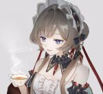  1girl bare_shoulders black_collar blue_eyes bonnet brown_hair center_frills collar commentary_request cup detached_collar detached_sleeves frills genshin_impact grey_background hair_bun hand_up highres holding holding_cup long_hair mamecha_an open_mouth sandrone_(genshin_impact) simple_background smile solo steam steaming_cup strapless tea teacup translation_request twitter_username upper_body 