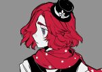  1boy aosoraa6 black_hat black_vest colored_skin commentary_request grey_background hat highres identity_v looking_to_the_side male_focus medium_hair mini_hat mini_top_hat parted_lips partially_colored polka_dot polka_dot_scarf portrait profile purple_eyes red_hair red_scarf scarf shirt simple_background solo top_hat vest weeping_clown_(identity_v) white_shirt white_skin 
