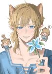  ! 1boy blonde_hair blue_eyes blue_flower blue_tunic blush_stickers champion's_tunic_(zelda) chibi commentary extra_ears flower hair_between_eyes highres holding holding_flower holding_sword holding_weapon kemonomimi_mode link male_focus medium_hair parted_lips pointy_ears princess_zelda seru0703 silent_princess smile solo spoken_exclamation_mark sword tail the_legend_of_zelda the_legend_of_zelda:_tears_of_the_kingdom tunic weapon white_background 