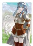 1girl absurdres aqua_hair armor blue_eyes blue_sky boots border chinese_commentary commentary_request day eirika_(fire_emblem) fire_emblem fire_emblem:_the_sacred_stones gloves greatclean grey_hair hand_on_own_hip highres long_hair looking_at_viewer multicolored_hair outdoors outside_border red_boots red_gloves shoulder_armor sky smile solo standing thigh_boots thighs very_long_hair white_border white_hair 