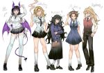  1boy 1other 3girls absurdres ahoge arm_up black_hair black_necktie black_pants black_ribbon black_shoes black_skirt blonde_hair blue_dress blue_sweater breasts brown_sweater_vest cardigan character_name chinese_commentary cigarette closed_mouth collared_shirt commentary_request degrees_of_lewdity demon_girl demon_horns demon_tail demon_wings dress dress_shirt dress_shoes earrings expressionless eyebrow_piercing face_piercing fangs freckles full_body green_eyes hair_intakes hair_over_one_eye hand_on_own_hip head_wreath high_ponytail highres holding holding_cigarette horns jewelry kneehighs kylar_(degrees_of_lewdity) kylar_(female)_(degrees_of_lewdity) large_breasts long_hair long_skirt long_sleeves looking_at_another looking_at_viewer looking_down looking_to_the_side male-female_symbol mars_symbol medium_breasts medium_hair messy_hair miniskirt mole mole_under_mouth multiple_girls navel_peek neck_ribbon necktie one_eye_covered open_collar open_mouth pants piercing pinafore_dress player_character_(degrees_of_lewdity) player_character_(female)_(degrees_of_lewdity) pleated_skirt ponytail purple_eyes purple_horns purple_tail purple_wings ribbed_thighhighs ribbon robin_(degrees_of_lewdity) robin_(female)_(degrees_of_lewdity) school_uniform shirt shoes short_sleeves sidelocks simple_background skirt sleeveless sleeveless_dress sleeves_past_wrists smile smirk smoke smoke_trail socks stud_earrings sweater sweater_vest sydney_(degrees_of_lewdity) sydney_(male)_(degrees_of_lewdity) tail tareme thighhighs venus_symbol very_long_hair wavy_hair white_background white_cardigan white_socks white_thighhighs whitney_(degrees_of_lewdity) whitney_(female)_(degrees_of_lewdity) wing_collar wings xinjinjumin516084919933 zettai_ryouiki 