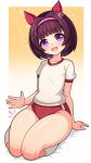 1girl absurdres animal_ears blunt_bangs blush brown_hair buruma collarbone commentary ear_covers english_commentary gician_l gym_shirt hair_ornament hairband highres horse_ears horse_girl looking_at_viewer nishino_flower_(umamusume) open_mouth pink_hairband purple_eyes red_buruma seiza shirt short_hair short_sleeves sitting smile socks thighs tracen_training_uniform umamusume white_shirt white_socks x_hair_ornament 