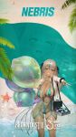  1girl balloon bikini blue_eyes breasts brown_dust_(series) brown_dust_2 character_name dark-skinned_female dark_skin english_text green_bikini grey_hair hair_between_eyes highres large_breasts long_hair looking_at_viewer multicolored_hair nebris_(brown_dust) official_alternate_costume official_art open_mouth skindentation smile solo streaked_hair swimsuit thigh_gap zoom_layer 