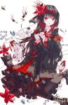  1girl armband artist_name black_capelet black_hair black_pantyhose black_shirt black_shoes black_skirt capelet collared_shirt commentary crown flower foopy gloves hair_flower hair_ornament highres layered_skirt long_hair long_skirt long_sleeves mahou_shoujo_no_majo_saiban mary_janes necktie nikaido_hiro open_mouth pantyhose petticoat pleated_capelet red_armband red_eyes red_necktie red_skirt shirt shoes side_capelet signature simple_background skirt smile solo untranslatable_commentary watermark white_background white_gloves white_shirt 