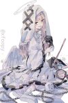  1girl absurdres bib_collar blonde_hair book chain character_doll commentary_request cross_ornament doll dress foopy frilled_dress frilled_skirt frilled_sleeves frills gloves halo highres hikami_meruru jar kurobe_nanoka long_hair long_sleeves looking_at_viewer mahou_shoujo_no_majo_saiban priestess purple_eyes shito_alisa shoes simple_background skirt skull solo veil watermark white_background white_dress white_gloves white_shoes white_wings wide_sleeves wings 