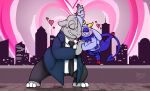 1_eye accessory anthro arty_the_frog blush blush_lines bovid caprine caprine_demon curved_horn demon duo eyes_closed facial_horn floppy_ears fur grey_body grey_skin heart_(marking) hi_res hooves horn imp male mammal markings multicolored_body multicolored_fur necktie nose_horn prince_gamon_(1mp) purple_body purple_fur rhinoceros shortstack shortstack_anthro shortstack_male smile spade_tail suit_jacket tail two_tone_body two_tone_fur