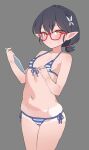 1girl absurdres ayane_(blue_archive) ayane_(swimsuit)_(blue_archive) bangs bikini black_hair blue_archive blush breasts glasses goyain grey_background hair_between_eyes hair_ornament highres holding looking_at_viewer low_ponytail orange_eyes pointy_ears ponytail red-framed_eyewear short_hair short_ponytail shorts_tan side-tie_bikini_bottom simple_background small_breasts solo striped striped_bikini sweat swimsuit tan tanlines 