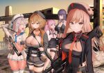  5girls :o absurdres anis_(nikke) assault_rifle bandolier bangs belt beret black_choker blue_neckerchief breasts brown_hair bullpup choker cleavage commentary_request fingerless_gloves glasses gloves goddess_of_victory:_nikke green_eyes grenade_launcher grey_hair grin gun hat highres holding holding_gun holding_weapon large_breasts long_hair looking_at_another looking_at_viewer m32 mihara_(nikke) military miniskirt multiple_girls neckerchief necktie neon_(nikke) outdoors pink_hair pleated_skirt purple_eyes purple_hair rapi_(nikke) red_eyes red_necktie revision rifle sailor_collar short_hair short_shorts shorts shotgun single_fingerless_glove skirt sky smile standard_manufacturing_dp-12 straight_hair strap sunset thigh_strap thighs towrituka weapon yuni_(nikke) zettai_ryouiki 