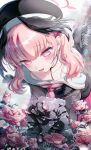  1_itikabatika_8 1girl artist_name black_flower black_hat black_jacket black_rose black_wings blue_archive blush bra_strap commentary_request feathered_wings flower halo happy hat head_wings highres jacket koharu_(blue_archive) leaning_forward long_hair looking_down low_wings neckerchief open_mouth pink_eyes pink_flower pink_hair pink_neckerchief pink_rose rose sailor_collar simple_background single_off_shoulder snail solo twintails upper_body water water_drop wet white_background white_sailor_collar wings 