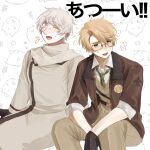  ahoge america_(hetalia) animal_background artist_name axis_powers_hetalia belt black_belt black_gloves blonde_hair blue_eyes blush breast_pocket brown_jacket brown_pants chest_belt closed_eyes coat collared_coat collared_shirt commentary_request feet_out_of_frame floral_background fur-trimmed_jacket fur_trim glasses gloves green_necktie grey-framed_eyewear grey_hair hair_between_eyes harutoro_39487 highres hot jacket lapels long_sleeves looking_to_the_side medal military_jacket military_uniform necktie open_clothes open_jacket open_mouth pants paw_print paw_print_background pocket russia_(hetalia) scarf semi-rimless_eyewear shirt short_hair sitting smile star_(symbol) star_ornament star_print sweat tongue v-shaped_eyebrows white_background white_coat white_scarf white_shirt 