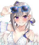  1girl adjusting_eyewear alternate_hair_length_(longer) amane_kanata angel_wings bikini blue_hair blue_sky blush check_commentary colored_inner_hair commentary_request detached_sleeves double-parted_bangs eyewear_on_head feathered_wings frilled_bikini frills front-tie_bikini_top front-tie_top grey_hair grin hair_rings halterneck hand_on_eyewear heart heart_print highres hololive hololive_summer_2022_swimsuit looking_at_viewer low_twintails mini_wings missing_halo multicolored_hair nesumiru official_alternate_costume official_alternate_hairstyle print_bikini purple_eyes raised_eyebrows see-through_clothes see-through_sleeves shiny_skin short_sleeves shoulder_blush simple_background single_hair_intake sky smile solo sunglasses swimsuit twintails twintails_with_hair_base upper_body virtual_youtuber wet white_background white_bikini white_wings wings 
