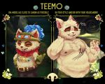 anthro armor bare_chest body_hair braces chest_hair clothed clothing colored confident embarrassed_expression english_text eyewear facial_tuft fennecusspes fluffy glasses headgear helmet hi_res league_of_legends male mature_anthro mostly_nude neck_tuft on_model pawpads portrait redesign riot_games scar scout slightly_chubby solo teemo_(lol) tencent text topwear tuft underwear underwear_only vest yordle zoom_in