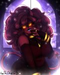  breasts colored_skin commentary cross crucifix curly_hair demon_girl detached_sleeves english_commentary facing_viewer flirting heart highres horns jewelry kailewds large_breasts leotard long_tail mole mole_under_mouth multiple_rings oni original pointy_ears red_skin ring tail 