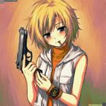  1girl beretta_92 blonde_hair commission english_commentary grey_eyes gun handgun heather_mason highres holding holding_gun holding_weapon kristianmaksak5 looking_at_viewer orange_shirt shirt short_hair silent_hill_(series) silent_hill_3 sleeveless solo twitter_username unlit_cigarette_in_mouth upper_body vest watch weapon white_vest wristband wristwatch 