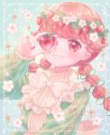  1girl :d absurdres artist_name bib_collar blue_background blush border bow bowtie commentary covering_one_eye cross-laced_clothes cross-laced_sleeves dot_nose dress fingernails flower food frills fruit fuka_(f_uka_1021) glass green_dress green_ribbon hair_flower hair_ornament hair_ribbon hand_up head_wreath highres holding holding_food holding_fruit inset_border long_hair long_sleeves looking_at_viewer low_twintails multi-tied_hair nail_art nail_polish open_mouth original outline polka_dot polka_dot_background red_eyes red_hair red_nails ribbon signature simple_background smile solo sparkle strawberry twintails twitter_username upper_body watermark white_bow white_bowtie white_flower white_outline yellow_border 