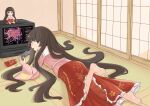  1girl absurdres ass bamboo_print barefoot brown_eyes brown_hair chinese_commentary commentary_request controller crt food food_in_mouth frilled_skirt frills fumo_(doll) game_controller highres holding holding_controller holding_game_controller houraisan_kaguya indoors long_hair long_sleeves looking_at_viewer lying meta on_stomach playing_games playing_video_games pocky pocky_in_mouth print_skirt shouji skirt sliding_doors soles toes touhou very_long_hair wide_sleeves zheng_(pixiv_101593236) 