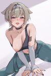  1girl absurdres areola_slip black_choker black_tank_top blonde_hair blue_eyes blush breasts choker cleavage commentary_request cross e.c.ho goddess_of_victory:_nikke headband highres idol large_breasts looking_at_viewer mole mole_under_eye navel nipples one_breast_out open_mouth pants prika_(nikke) smile solo spread_legs sweat tank_top tongue tongue_out white_background white_headband 