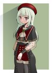  1girl ascot bang_dream! bang_dream!_it's_mygo!!!!! beret black_capelet black_pantyhose border brown_eyes capelet center-flap_bangs commentary cowboy_shot double-parted_bangs frilled_shirt_collar frills green_background green_hair grey_ascot grey_shirt hat high-waist_shorts highres jiwon_(sj1) long_hair looking_at_viewer outside_border pantyhose red_hat red_shorts see-through_clothes see-through_sleeves shadow shirt shorts sidelocks simple_background solo standing wakaba_mutsumi white_border 