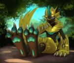  2022 3_toes 4_fingers anthro blockman3_(artist) blue_body blue_fur claws digital_media_(artwork) dirt feet finger_claws fingers foot_focus fur generation_7_pokemon happy hi_res legendary_pokemon male nintendo open_mouth pawpads paws plant plantigrade pokemon pokemon_(species) scenery shrub sitting sky toe_claws toes yellow_body yellow_fur zeraora 