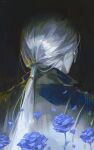  1girl absurdres black_background black_jacket blue_flower blue_rose commentary duchess_(elden_ring) elden_ring elden_ring_nightreign facing_away flower from_behind hair_tie highres jacket ponytail popped_collar rose simple_background solo standing tenriblu upper_body white_hair 