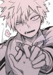  1boy 1other ? ?? bakugou_katsuki blush boku_no_hero_academia collared_shirt commentary_request greyscale highres holding_hands jacket looking_at_viewer male_focus monochrome open_mouth out_of_frame parted_bangs pov pov_hands school_uniform shirt short_hair solo_focus speech_bubble spiked_hair subgenjin1600 teeth u.a._school_uniform uneven_eyes upper_body watermark white_background wide-eyed wing_collar 