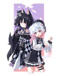  2girls absurdres animal_ears babobini bare_shoulders belt beret black_choker black_coat black_dress black_gloves black_hair black_hat black_kimono bow butterfly_hair_ornament cat_ears cat_girl cat_tail checkered_sleeves choker coat collared_coat commentary_request dog_ears dog_girl dog_tail dress flower flower-trimmed_shorts flower-trimmed_sleeves furisode gloves gradient_hair hair_flower hair_ornament hat hat_flower hat_ribbon highres housho_margo japanese_clothes kemonomimi_mode kimono lolita_fashion long_sleeves looking_at_viewer mahou_shoujo_no_majo_saiban mini_hat mini_top_hat multicolored_hair multiple_girls neck_ribbon o-ring o-ring_thigh_strap off_shoulder open_mouth parted_bangs paw_pose pink_eyes pink_hair puffy_sleeves purple_eyes ribbon sakuraba_ema shirt short_hair shorts smile standing tail thigh_strap top_hat wa_lolita white_flower white_hair white_ribbon white_shirt white_shorts white_sleeves wide_sleeves x_hair_ornament 