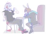  2girls amiya_(arknights) arknights black_jacket black_pants black_pantyhose black_shoes brown_hair chair cup drink drinking_glass drinking_straw grey_hair hamha_s holding holding_drink jacket jewelry long_hair long_sleeves looking_at_another multicolored_hair multiple_girls multiple_rings on_chair pants pantyhose profile red_hair red_tail ring scar scar_on_arm shirt shoes short_hair short_sleeves simple_background sitting streaked_hair t-shirt table tail w_(arknights) white_background 