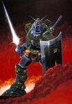  1970s_(style) cockpit commentary_request dougram energy_sword gundam holding holding_sword holding_weapon mecha mecha_focus mobile_suit mobile_suit_gundam retro_artstyle robot rx-78-2_gundam science_fiction shield shinohba solo sword taiyou_no_kiba_dougram v-fin weapon 