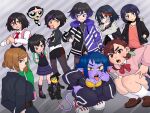  6+girls ayase_momo bag belt_collar big_hero_6 bike_shorts bike_shorts_under_shorts black_hair blowing_bubble_gum boku_no_hero_academia bow bowtie brown_eyes brown_hair buttercup_(ppg) chewing_gum chris-thekid collar colored_sclera colored_skin colored_tips commentary cropped_jacket crossover d4dj dandadan dress earrings english_commentary fingerless_gloves gloves gogo_tomago green_dress green_eyes grey_background hair_ornament highres jacket jewelry jiro_kyoka jujutsu_kaisen kill_la_kill kugisaki_nobara kunio-kun_series lego lego_minifig loose_bowtie matoi_ryuuko matsumoto_nono misako_(kunio-kun) multicolored_hair multicolored_jacket multiple_girls necktie pendant_earrings peni_parker pink_bag pink_shoes pink_sweater power_suit powerpuff_girls punch_punch_forever! purple_hair purple_jacket purple_skin red_bow red_bowtie red_necktie red_streaks reina_(tekken) river_city_girls shoes short_hair shorts streaked_hair sweater swept_bangs tekken the_lego_group the_lego_movie track_suit trait_connection two-tone_jacket wyldstyle x_hair_ornament yellow_sclera yellow_skin 