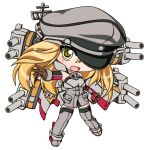  1girl :d bismarck_(kancolle) black_sleeves blonde_hair blush brown_gloves chibi chibi_only commentary_request detached_sleeves dress full_body gloves grey_dress grey_hat grey_shoes grey_thighhighs hat kantai_collection long_hair long_sleeves open_mouth peaked_cap red_sleeves rigging shinjitsu shoes simple_background smile solo standing strapless strapless_dress thighhighs two-tone_sleeves white_background yellow_eyes 