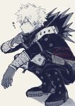  1boy arm_on_knee arm_up bakugou_katsuki belt boku_no_hero_academia boots closed_mouth commentary_request from_side full_body gloves grey_background greyscale highres long_sleeves male_focus monochrome pants parted_bangs pouch profile shirt short_hair simple_background solo spiked_hair squatting subgenjin1600 superhero_costume two-sided_gloves 