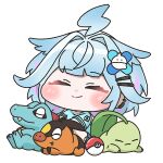  1girl blue_hair blue_shirt blush chibi chibi_only chikorita closed_eyes closed_mouth commentary_request crossover facing_viewer full_body hair_ornament hairclip hololive hololive_dev_is mizumiya_su multicolored_hair parallel_hairclips poke_ball pokemon pokemon_(creature) rekio_(mizumiya_su) shirt short_hair sitting smile solo streaked_hair suzunami_illust tepig totodile virtual_youtuber 