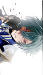  1boy arm_up armor black_gloves blue_hair blue_shirt coat collared_shirt commentary double-parted_bangs fish_(xpzas) genshin_impact gloves hair_between_eyes highres lohen_(genshin_impact) looking_at_viewer male_focus open_clothes open_coat pauldrons pink_eyes shirt shoulder_armor sideways single_pauldron solo triangle_mouth upper_body white_background wing_collar 