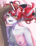  1boy 1girl ahoge bar_censor black_bow blunt_ends blush bow breasts censored colored_nipples colored_skin colored_tongue commentary completely_nude cum cum_on_hair diamond-shaped_pupils diamond_(shape) double_bun fangs gradient_eyes green_eyes grey_hair grey_skin hair_bow hair_bun hetero heterochromia highres hololive hololive_indonesia kureiji_ollie long_hair mismatched_pupils multicolored_eyes multicolored_hair nipples nude open_mouth patchwork_skin penis penis_on_head pink_hair pink_skin purple_nipples purple_tongue red_eyes red_hair ribs salvato small_breasts stitched_face stitched_torso stitches sword symbol-shaped_pupils upper_body veins veiny_penis virtual_youtuber weapon white_skin x-shaped_pupils yellow_eyes zombie 