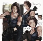  1boy 1girl assault_rifle black_gloves blood blood_on_face blue_eyes blue_shirt brown_hair carlos_oliveira character_name charluiu commentary elbow_pads english_commentary gloves grenade_launcher gun highres holding holding_gun holding_weapon jewelry jill_valentine necklace parted_lips resident_evil resident_evil_3:_nemesis resident_evil_3_(remake) rifle shirt single_elbow_pad smile speech_bubble weapon 
