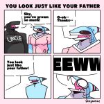 1:1 2024 anthro aquatic artist_name black_body black_sclera blue_body bodily_fluids bust_portrait clothed clothed_anthro clothed_male clothing comic countershade_face countershade_neck countershading dialogue digital_drawing_(artwork) digital_media_(artwork) disgust dot_eyes dot_pupils duo ellipsis emanata english_text eyeless fin fish flesh_fang front_view gills half-length_portrait head_fin headshot_portrait hi_res looking_at_another male monotone_body mouth_closed multicolored_body neck_gills nephew_(lore) nervous nervous_sweat nude nude_anthro nude_male one_page_comic open_mouth open_smile phosphor_(skykdotidot) pink_background pink_clothing pink_shirt pink_topwear portrait pupils red_stripes shark shirt simple_background simple_eyes sky_k.i._(character) skykdotidot slit_pupils smile speech_bubble striped_fin stripes sweat sweaty_face talking_to_another text topwear two_tone_body uncle_(lore) uncle_and_nephew_(lore) white_background white_body white_clothing white_countershading white_sclera white_shirt white_topwear wide_eyed yellow_eyes