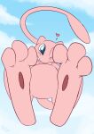2018 ambiguous_gender anthro biped day feet flying foot_focus fuf fur generation_1_pokemon heart_symbol hi_res legendary_pokemon long_tail looking_at_viewer mew_(pokemon) nintendo nude one_eye_closed outside pawpads pink_body pink_fur pokemon pokemon_(species) purple_eyes solo tail wink winking_at_viewer