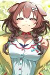  1girl :3 absurdres animal_collar animal_ears bandeau blush bone_hair_ornament braid breasts brown_eyes brown_hair buttons cleavage closed_mouth collar collarbone commentary_request dog_ears dog_girl dot_nose double-parted_bangs dress fanged_bangs grass hair_between_eyes hair_ornament hairclip highres hololive inugami_korone inugami_korone_(1st_costume) jacket long_hair looking_up low_twin_braids lying medium_breasts mugi626 on_back open_clothes open_jacket outdoors parallel_hairclips paw_print raised_eyebrows red_collar red_trim sidelocks single_off_shoulder sleeveless sleeveless_dress smile solo sunlight twin_braids upper_body virtual_youtuber white_dress yellow_jacket 