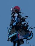  1girl absurdres artist_name black_capelet black_hair black_pantyhose black_shirt black_skirt blue_background capelet collared_shirt commentary crown flower foopy gloves grey_eyes hair_flower hair_ornament highres layered_skirt long_hair long_skirt long_sleeves looking_at_viewer mahou_shoujo_no_majo_saiban necktie nikaido_hiro pantyhose pleated_capelet red_necktie red_skirt shirt side_capelet signature simple_background skirt solo untranslatable_commentary watermark white_gloves white_shirt wind 