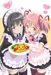  2girls :d akemi_homura apron black_dress black_hair black_thighhighs blush bow bowtie closed_mouth commentary cowboy_shot dress food frilled_apron frilled_dress frills hair_between_eyes hair_ribbon heart highres holding holding_plate kaname_madoka letterboxed long_hair looking_at_viewer mahou_shoujo_madoka_magica mahou_shoujo_madoka_magica_(anime) maid maid_headdress multiple_girls nekokawa_isugi omelet omurice open_mouth outside_border pink_bow pink_bowtie pink_eyes pink_hair plate purple_bow purple_bowtie purple_thighhighs ribbon short_dress short_hair short_sleeves short_twintails sidelocks simple_background smile thighhighs twintails white_apron wrist_cuffs yellow_background zettai_ryouiki 