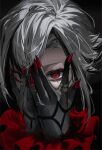  1girl arlecchino_(genshin_impact) black_eyes black_hands black_streaks coat colored_extremities commentary covering_own_mouth fur-trimmed_coat fur_trim genshin_impact grey_hair highres jewelry looking_at_viewer mm19_mumu multicolored_hair multiple_rings red_nails red_pupils ring solo streaked_hair symbol-shaped_pupils untranslatable_commentary white_hair x-shaped_pupils 