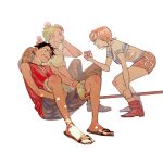  1girl 2boys black_hair blue_shorts boots breasts brown_boots clenched_hand closed_mouth commentary_request from_side full_body green_hair hat hat_on_back head_bump holding holding_staff large_breasts looking_at_another miniskirt monkey_d._luffy multiple_boys nami_(one_piece) one_piece orange_hair orange_skirt parted_lips profile red_vest roronoa_zoro sandals shirt short_hair short_sleeves shorts sitting skirt staff straw_hat straw_hat_pirates sweatdrop tio7tio8 vest white_background white_shirt 