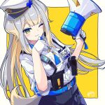  1girl animal_ears belt black_shorts blonde_hair blue_belt breast_pocket commentary_request dog_ears dog_tail gloves gradient_hair green_eyes grey_hair half_gloves hat highres holding holding_megaphone holster id_photo long_hair megaphone multicolored_hair neck_tassel nijisanji one_eye_closed pocket police_hat shioriha_ruri shioriha_ruri_(1st_costume) shirt shorts solo sunekos tail tassel virtual_youtuber white_gloves white_shirt 