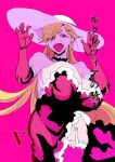  1girl blonde_hair breasts commentary_request doctor_masube dress elbow_gloves fangs frilled_gloves frills garter_straps gigantic_breasts gloves hair_over_one_eye hands_up hat highres impossible_clothes impossible_dress large_hat long_hair lucretia_(doctor_masube) one_eye_covered open_mouth original pink_dress pink_eyes roman_numeral simple_background solo strapless strapless_dress sun_hat tongue very_long_hair 