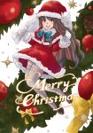  1girl alternate_costume commentary_request dress full_body fur-trimmed_dress fur-trimmed_headwear fur_trim grey_thighhighs hat highres kantai_collection ld_(luna_dial398) merry_christmas naganami_(kancolle) red_dress red_headwear sack santa_hat solo thighhighs white_mittens 