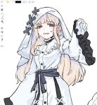  arki_hrzoi art_program_in_frame bib_collar blonde_hair commentary_request cross cross_earrings cross_ornament dress earrings frilled_sleeves frills gloves highres hikami_meruru jewelry long_hair long_sleeves looking_at_viewer mahou_shoujo_no_majo_saiban priestess purple_eyes simple_background sweatdrop veil white_background white_dress white_gloves wide_sleeves 