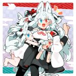  3girls :d a.i._voice animal_ear_fluff animal_ears bare_legs bare_shoulders barefoot black_gloves black_pantyhose black_skirt blue_eyes blue_hair blush border breasts child commentary_request dress feet_out_of_frame fox_ears fox_girl fox_tail gloves heterochromia highres hug ini_(inunabe00) jacket long_hair long_sleeves medium_breasts multiple_girls notice_lines off_shoulder one_eye_closed open_clothes open_jacket open_mouth outline outside_border pantyhose pleated_skirt red_eyes shirt short_dress skirt sleeveless sleeveless_dress sleeveless_shirt sleeveless_turtleneck smile tail tange_kotoe_(a.i._voice) turtleneck turtleneck_shirt white_border white_dress white_jacket white_outline white_shirt 