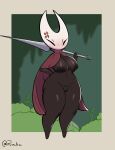 anthro areola arthropod big_breasts black_eyes black_lines border breasts brown_areola brown_body brown_nipples cloak cloak_only clothing cross-popping_vein eyelashes featureless_feet feet female front_view grey_border hi_res holding_object holding_weapon hollow_knight_(franchise) hornet_(hollow_knight) insect navel nipples non-mammal_nipples pink_cloak pink_clothing pusys ruimu_kiou solo team_cherry thick_thighs weapon white_body wide_hips